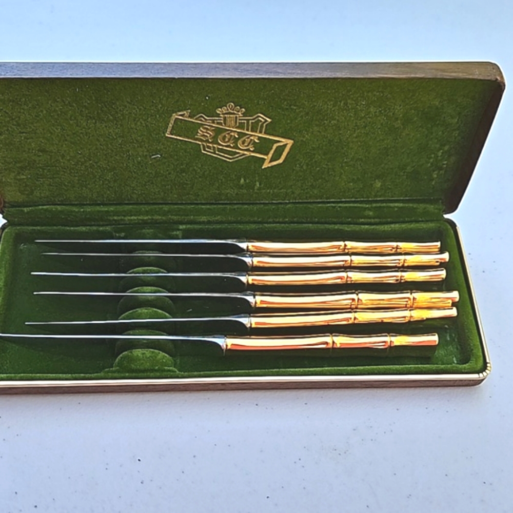 Vtg Supreme Cutlery SCC Gold Tone Bamboo Flatware Knife Set 6 w/Orig Box